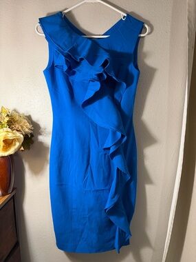 Calvin Klein Royal Blue Ruffle Sheath Midi Dress